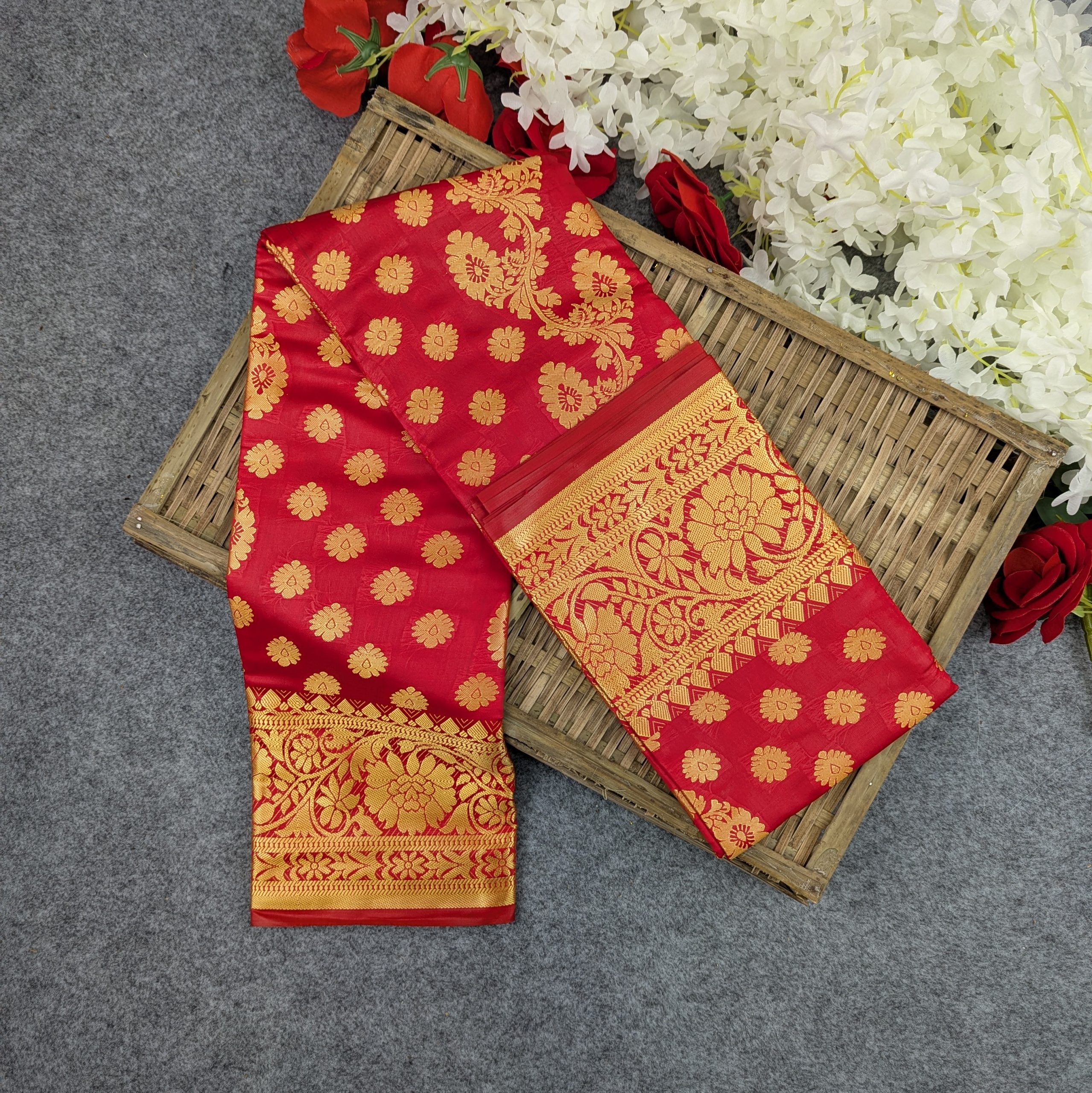 Premium Silk Katan Saree Combo Set - Red - Image 5
